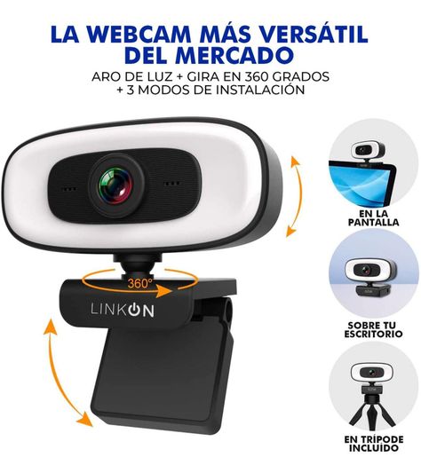 Webcam Camara Web 2K Aro de Luz Microfono Tripode CubreLente-2