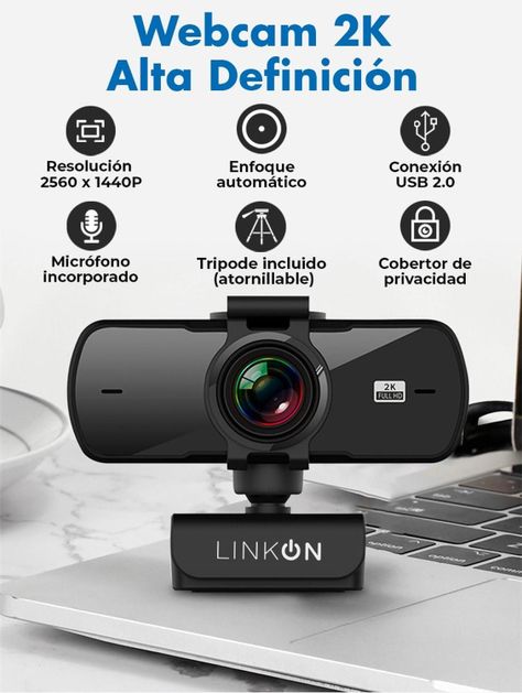 Webcam Camara Web 2K 1440p USB Microfono Tripode Cubre Lente-1