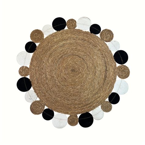 Alfombra Decorativa Yute Circular Negro/Blanco 120 cms Estilo Boho-0