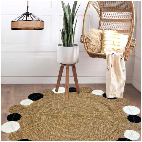 Alfombra Decorativa Yute Circular Negro/Blanco 120 cms Estilo Boho-3