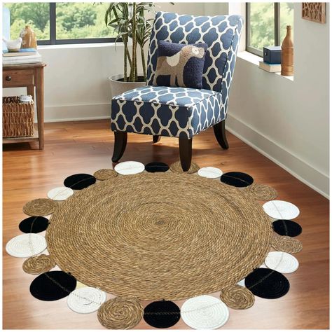 Alfombra Decorativa Yute Circular Negro/Blanco 120 cms Estilo Boho-5
