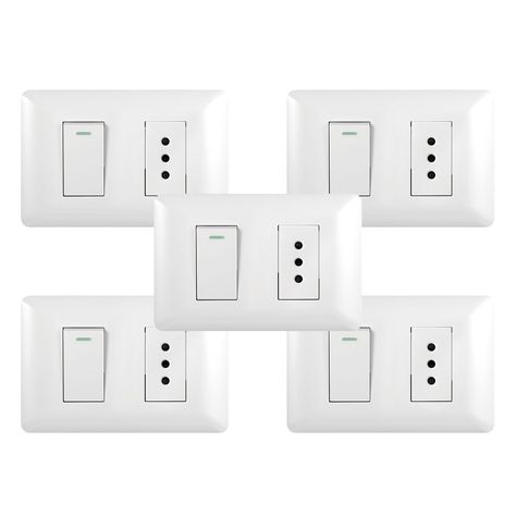 Pack 5 Tomacorriente Simple 10A 250V + Interruptor Simple 9/12 10A 250V Blanco-0