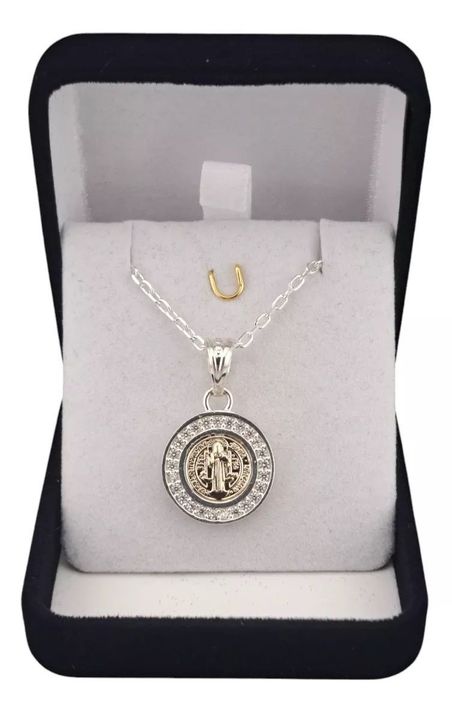 MEDALLA SAN BENITO PLATA 925 Y ORO 14k CON CIRCONES + CADENA LIMADA-0