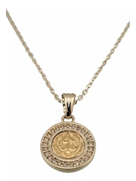 MEDALLA SAN BENITO PLATA 925 Y ORO 14k CON CIRCONES + CADENA LIMADA-1