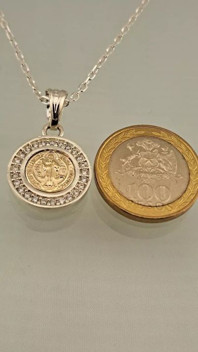 MEDALLA SAN BENITO PLATA 925 Y ORO 14k CON CIRCONES + CADENA LIMADA-3