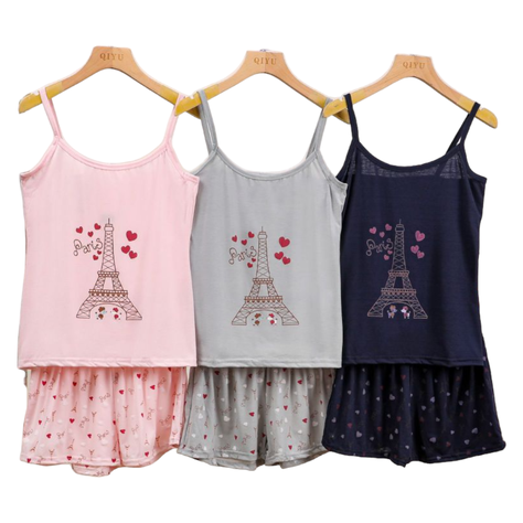 Pijama Mujer Polera de Tirantes y Short Diseño Paris Hearts-3