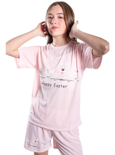 Pijama Mujer Polera Manga Corta y Short Diseño Conejitos Easter-0