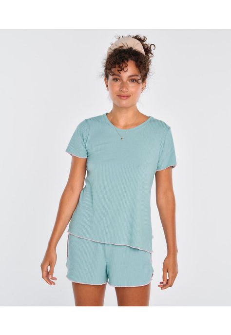 Pijama Mujer Corto Lineas Turquesa-0