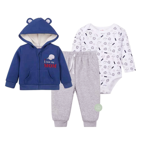 Conjunto 3 Piezas Poleron con orejitas Azul forrado Grueso Bebé-0