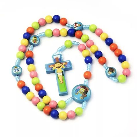 Collar Tipo Rosario Religioso Colgante de Jesús Con Dibujos Para Niños-3