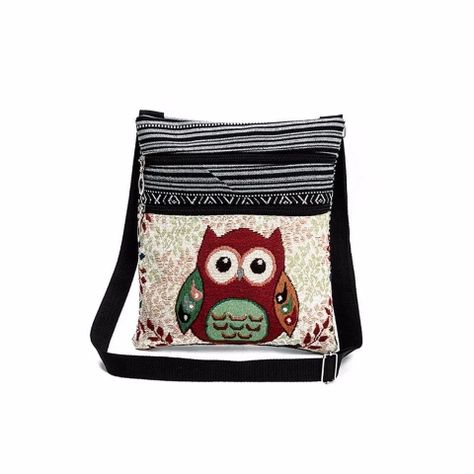 Bandolera Femenina, Cartera De Lona Diseño Bordado  La Bandolera Femenina Modelo Búho -0
