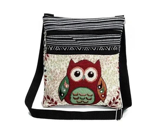 Bandolera Femenina, Cartera De Lona Diseño Bordado  La Bandolera Femenina Modelo Búho -2