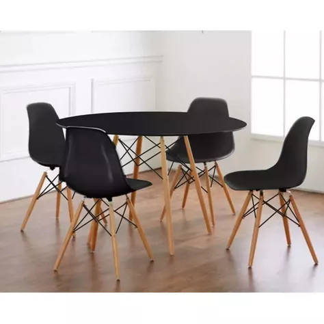 Comedor Redondo de 100cm Negro + 4 Sillas Eames Negro-1