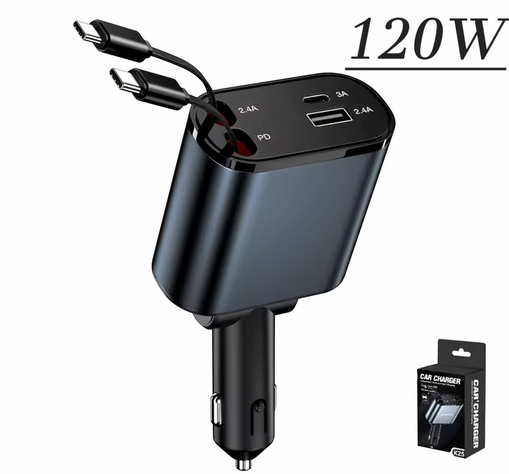 Cargador Auto USB 4 En 1 Con Cables Retractil-0