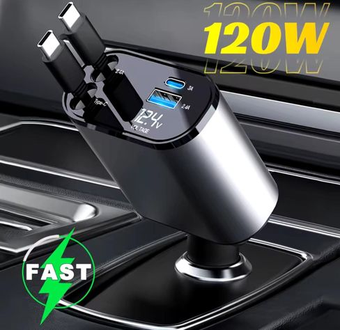 Cargador Auto USB 4 En 1 Con Cables Retractil-1