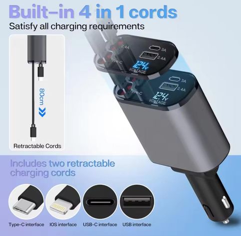 Cargador Auto USB 4 En 1 Con Cables Retractil-2