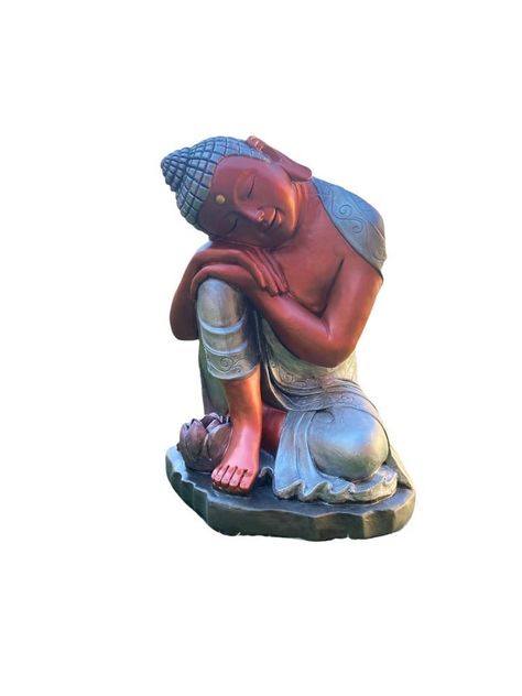 Figura Buda Durmiente Base Flor Loto Cobre/Plata 48 cm-0