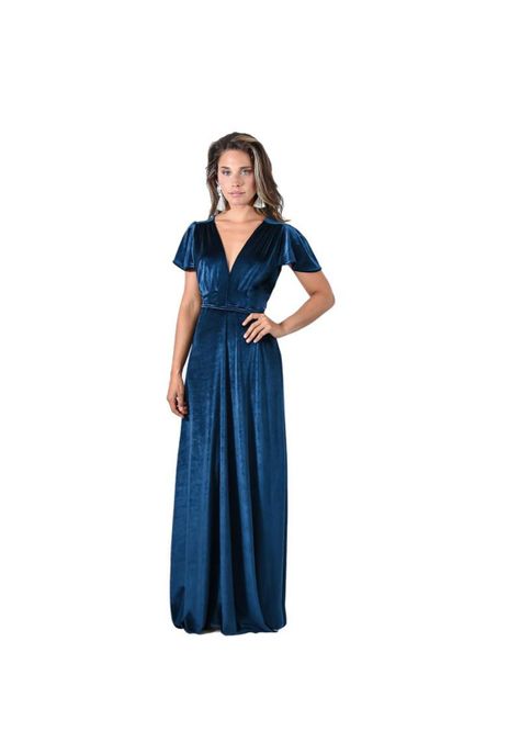 Vestido Largo York Petroleo Terciopelo Mangas  Maria Paskaro-0