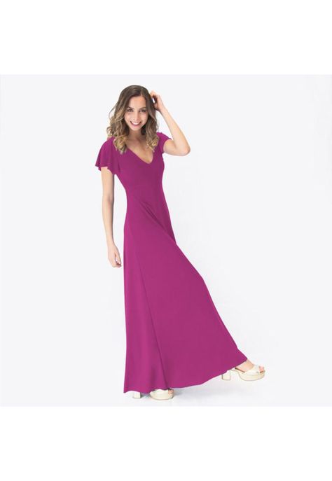 Vestido Largo Mangas Magenta Lycra Lazo Espalda Maria Paskaro-1