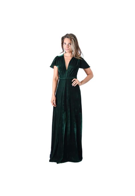 Vestido Largo York Verde Terciopelo Mangas  Maria Paskaro-0