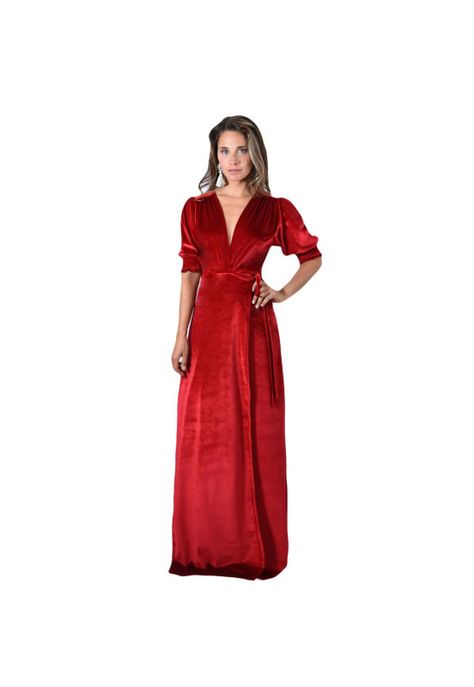 Vestido Largo Sevilla Rojo Terciopelo Manga Corta Globo Maria Paskaro-0