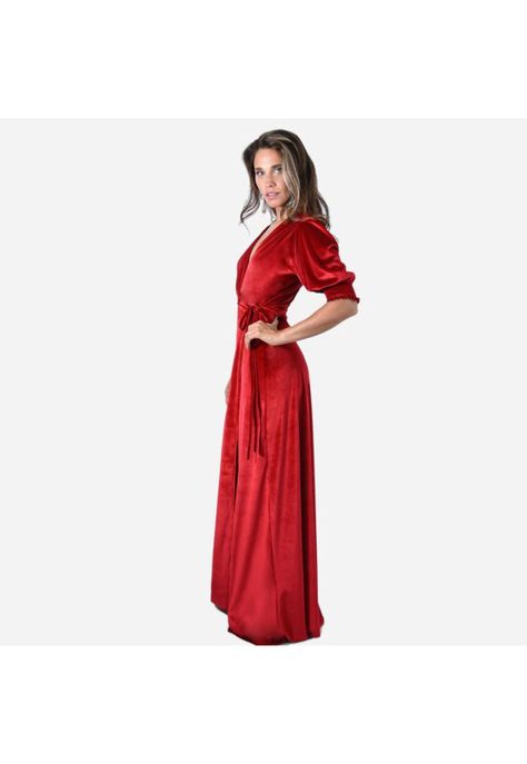 Vestido Largo Sevilla Rojo Terciopelo Manga Corta Globo Maria Paskaro-1