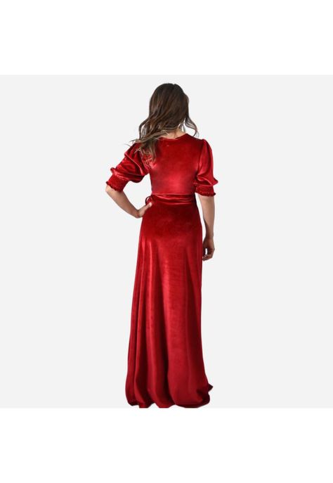 Vestido Largo Sevilla Rojo Terciopelo Manga Corta Globo Maria Paskaro-2