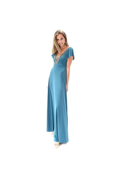 Vestido Largo Mangas Turquesa Lycra Lazo Espalda Maria Paskaro-3