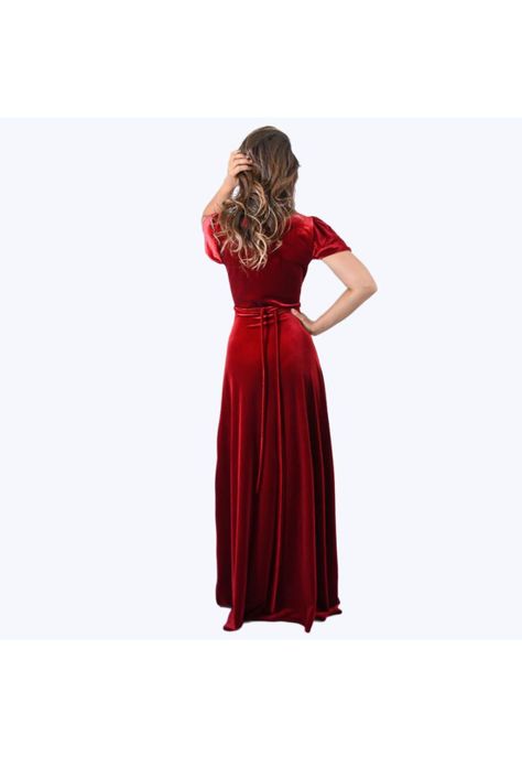 Vestido Largo York Rojo Terciopelo Mangas  Maria Paskaro-2