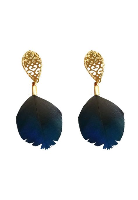 Aros de Pluma Monal Azul Dorado Maria Paskaro-0