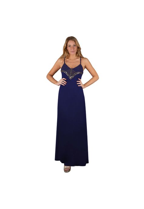 Vestido Largo Berlin Azul Marino Lycra Bordado R Maria Paskaro-0