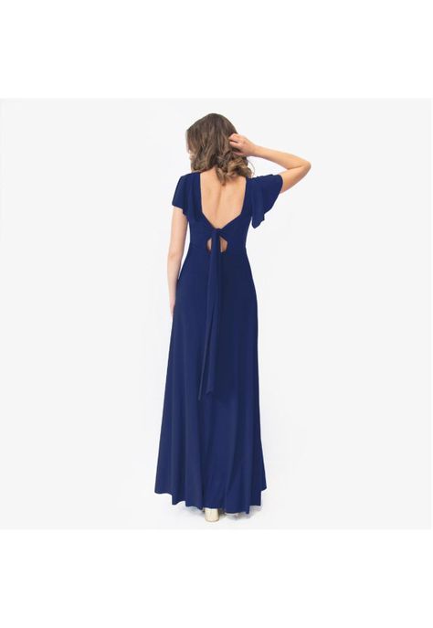 Vestido Largo Mangas Azul Marino Lycra Lazo Espalda Maria Paskaro-1