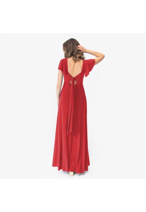 Vestido Largo Mangas Rojo Furioso Lycra Lazo Espalda Maria Paskaro-3