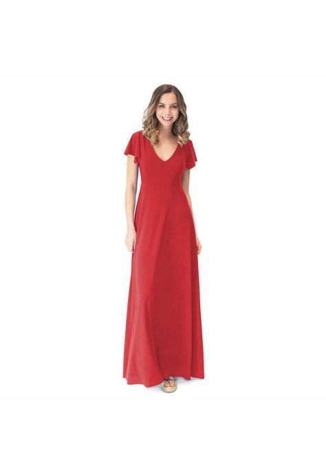 Vestido Largo Mangas Rojo Furioso Lycra Lazo Espalda Maria Paskaro-0