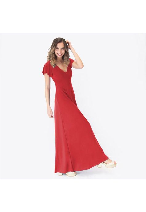 Vestido Largo Mangas Rojo Furioso Lycra Lazo Espalda Maria Paskaro-1
