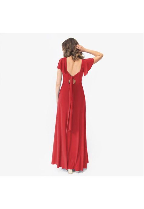 Vestido Largo Mangas Rojo Furioso Lycra Lazo Espalda Maria Paskaro-2