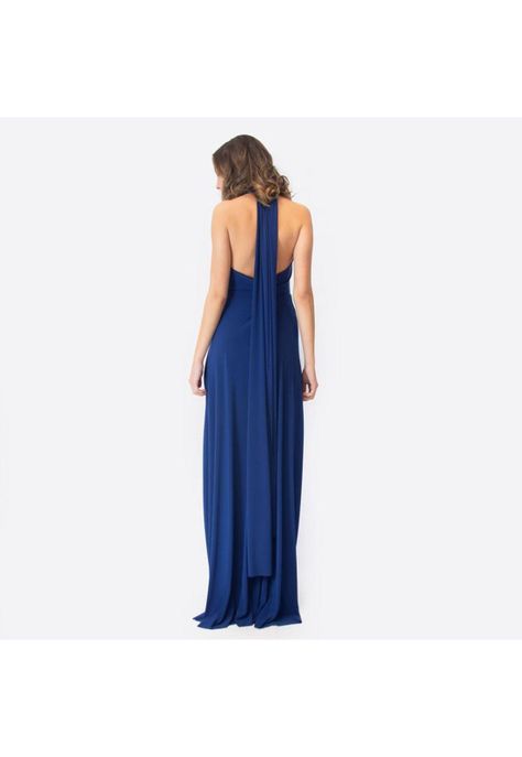 Vestido Largo Oporto Azul Marino Lycra Halter Amarra Maria Paskaro-1
