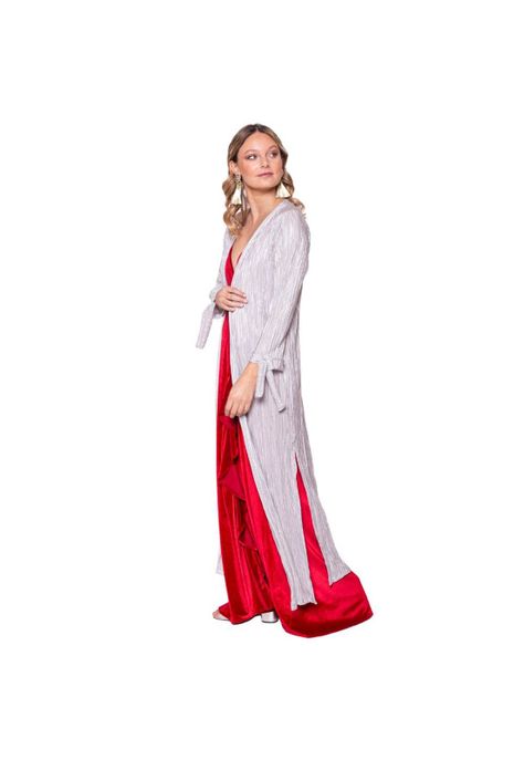 Tapado Kimono Largo Verona Plateado Brillante Metalizado Maria Paskaro-1