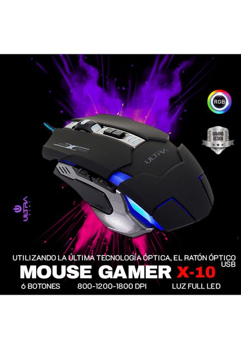 Mouse Alámbrico X 10 Retro-Iluminado Gaming USB Negro 6 Botones 3 millones de clicks DPI 1800 Ultra -1