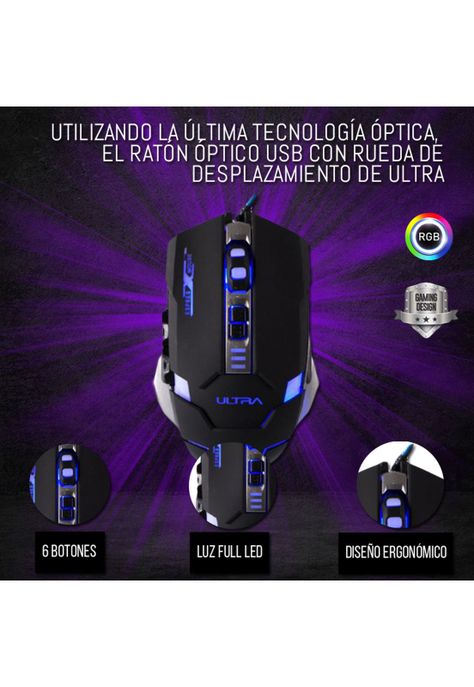 Mouse Alámbrico X 10 Retro-Iluminado Gaming USB Negro 6 Botones 3 millones de clicks DPI 1800 Ultra -2