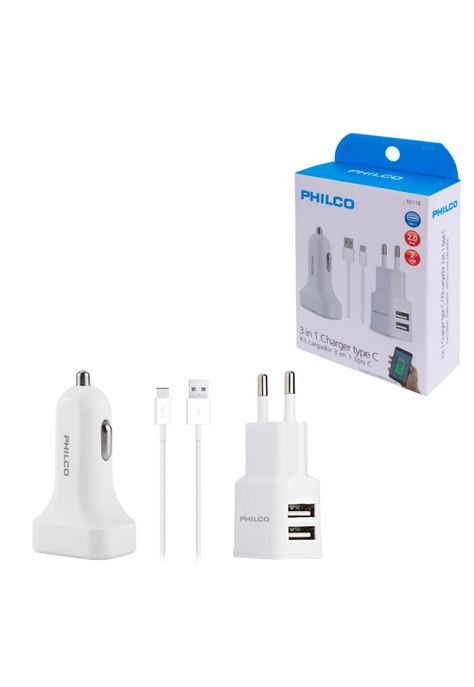 Kit Cargador Tipo C Certificado Smartphones USB 2. 2 Puertos Philco -2