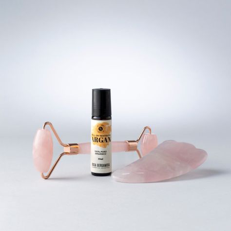 Rodillo Facial Cuarzo Rosa + Piedra Gua Sha + Roll On Argán-1