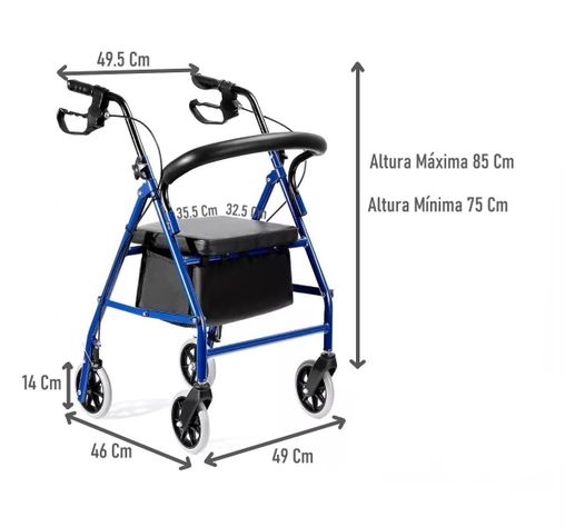 Andador Burrito Plegable 4 Ruedas Con Asiento Freno Y Bolso 3003C-1