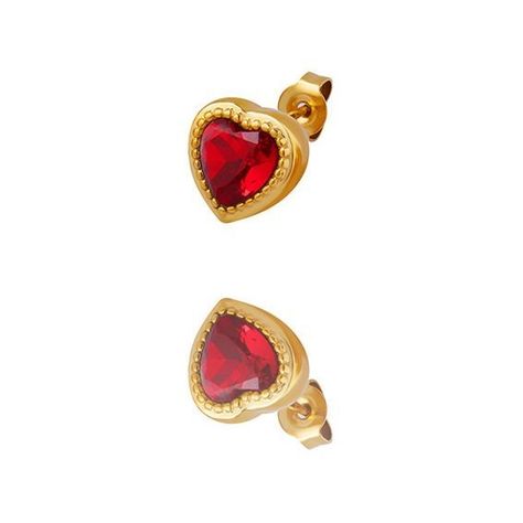 Aros Baño Oro Amarillo 18k Pegados Corazón Circón Rubí-0