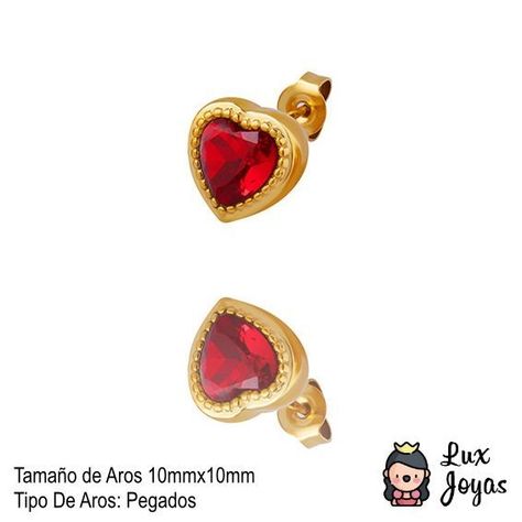Aros Baño Oro Amarillo 18k Pegados Corazón Circón Rubí-4