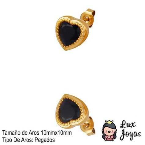 Aros Baño Oro Amarillo 18k Pegados Corazón Circón Onix Negro-5