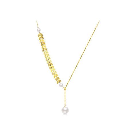 Collar Baño Oro Amarillo 18 Kilates Perla Hojas Ajustable-0
