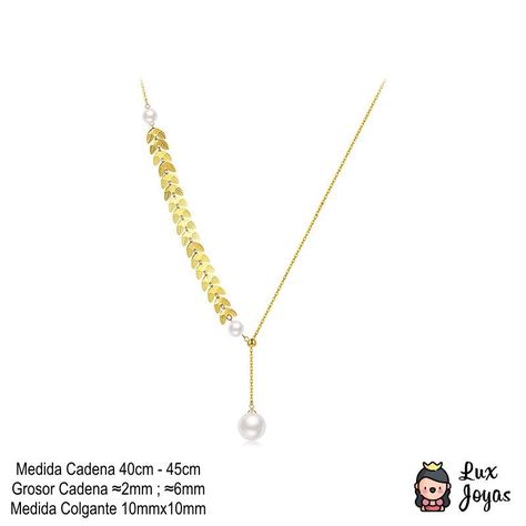 Collar Baño Oro Amarillo 18 Kilates Perla Hojas Ajustable-3