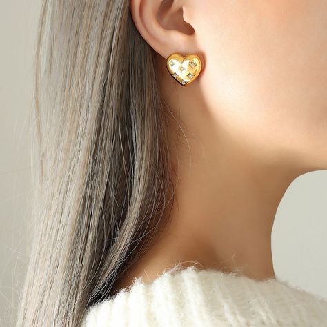 Aros Baño Oro Amarillo 18k Pegados Corazón Circones-3