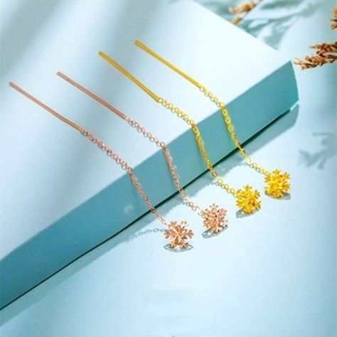 Aros Largo Cadena Copo De Nieve Oro Rosado 18k-3
